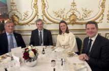 Christopher Brooke, chair of Tourism ireland, ambassador Martin Fraser, Alice Mansergh of Tourism ireland and Minister Peter Burke at a function in the Irish embassy in London to mark World Travel Market 2025