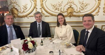 Christopher Brooke, chair of Tourism ireland, ambassador Martin Fraser, Alice Mansergh of Tourism ireland and Minister Peter Burke at a function in the Irish embassy in London to mark World Travel Market 2025