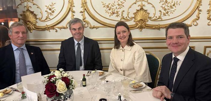 Christopher Brooke, chair of Tourism ireland, ambassador Martin Fraser, Alice Mansergh of Tourism ireland and Minister Peter Burke at a function in the Irish embassy in London to mark World Travel Market 2025