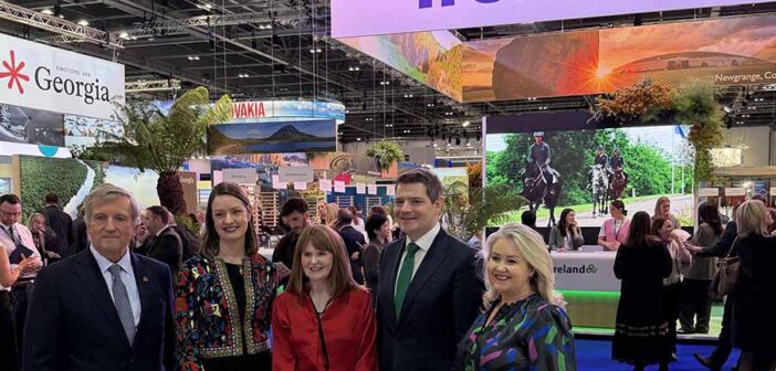 Christopher Brooke, chair of Tourism Ireland, Alice Mansergh CEO of Tourism ireland, Minister Keeva Archibold, Minister Peter Burke and Karen Sugrue Hennessy vice chair of Tourism Ireland at the Ireland stand at WTM in London