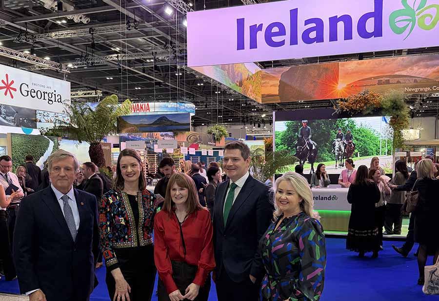 Christopher Brooke, chair of Tourism Ireland, Alice Mansergh CEO of Tourism ireland, Minister Keeva Archibold, Minister Peter Burke and Karen Sugrue Hennessy vice chair of Tourism Ireland at the Ireland stand at WTM in London