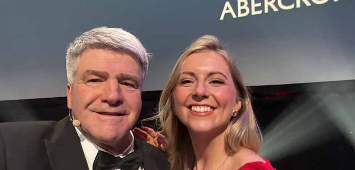 Eoghan Corry with category sponsor Victoria Houston f Abercrombie & Fitch at the Irish Travel Industry Awards