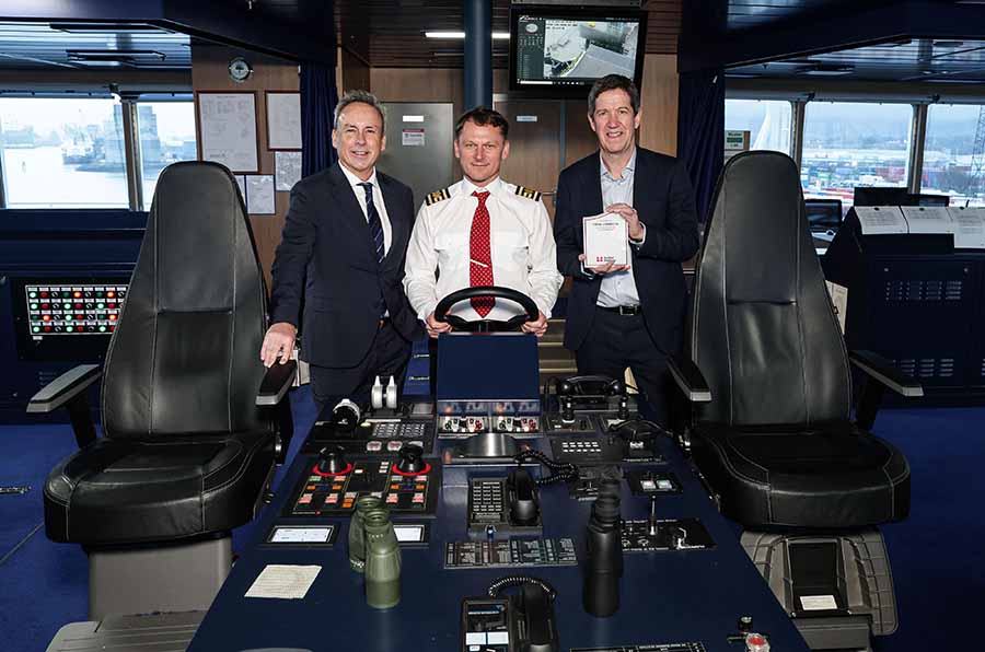 Paul Grant (left), Stena Line and Belfast Harbour Port Director Michael Robinson welcome Captain Andrius Pakenas of Stena Connecta to Belfast Harbour following the arrival of the new hybrid ferry which is due to commence service on the freight route from Belfast to Heysham on Friday January 23,