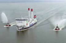 Stena Connecta arrives in Belfast Harbour - water cannons