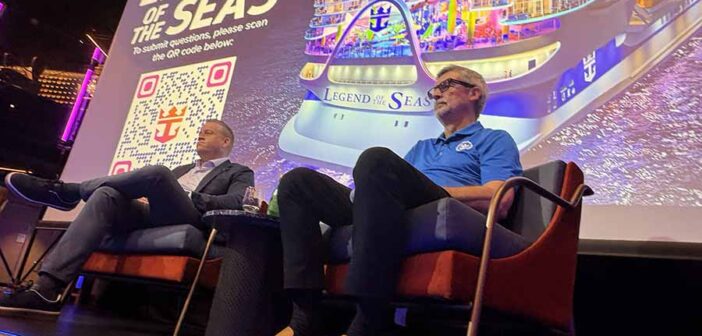 Jason Liberty and Michael Bayley after the media briefing on board Legend of the Seas