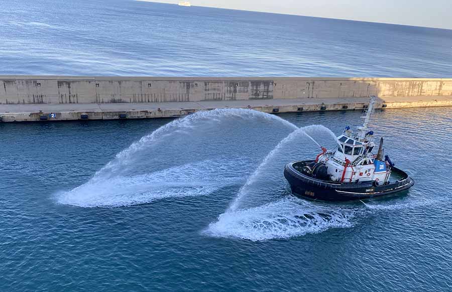 Traditional welcome for Legend of the Seas as it arrives in Civitavecchia for the first time