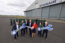 Neal McMahon, COO Ryanair, Sean O'Brien from Cratloe, Minister Peter Burke, Ray O'Driscoll CEO Shannon Airport Group, Jenny Melia CEO Enterprise Ireland, Amy Madden from Sixmilebrdige and Eddie Wilson CEO Ryanair with other apprentices in the background.