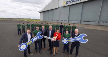 Neal McMahon, COO Ryanair, Sean O'Brien from Cratloe, Minister Peter Burke, Ray O'Driscoll CEO Shannon Airport Group, Jenny Melia CEO Enterprise Ireland, Amy Madden from Sixmilebrdige and Eddie Wilson CEO Ryanair with other apprentices in the background.
